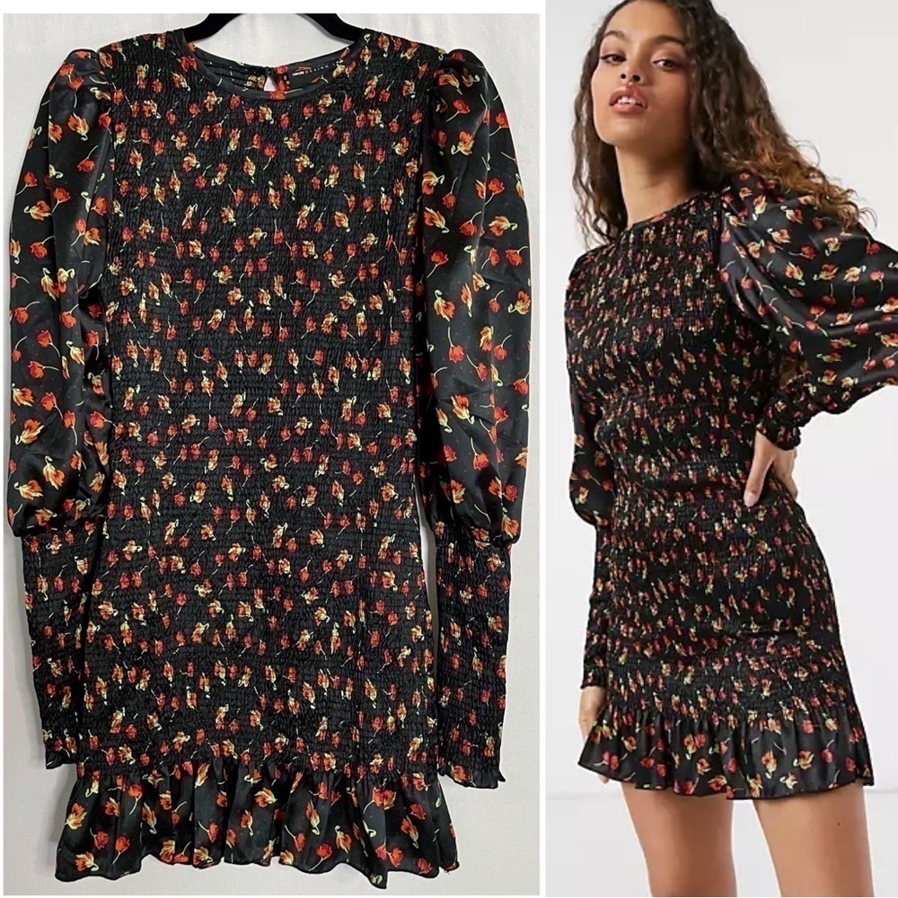 ASOS Design Puff Sleeve Shirred Cuff Rose Floral Print Shirred Mini Tea Dress